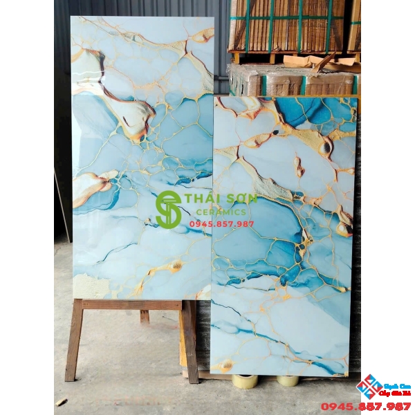 Gạch ấn độ 60x120 bóng kiếng vân xanh nhũ vàng cao cấp
