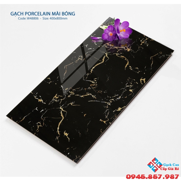 Gạch ốp tường đá bóng kiếng 40x80 đen vân chớp