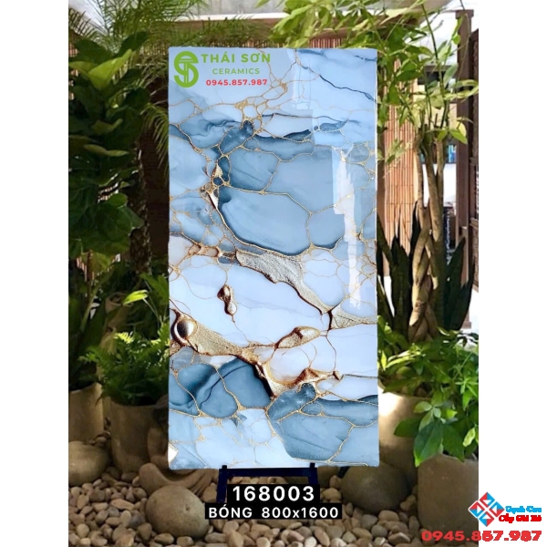 Gạch lát nền 80x160 vân xanh nhũ vàng siêu bóng cao cấp