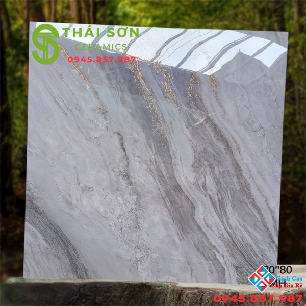 Gạch trung quốc 80x80 lát nền màu xám khắc kim vàng