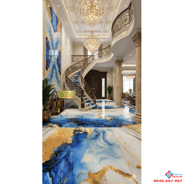 Gạch ấn độ siêu bóng 60x120 màu xanh ánh vàng