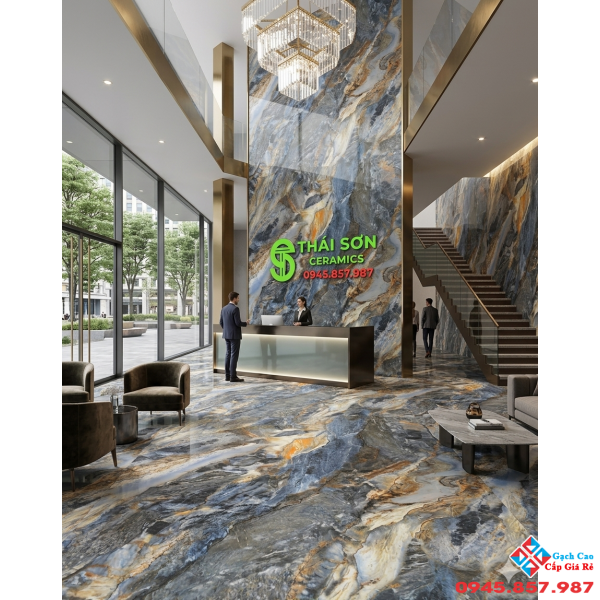 Gạch kamado 80x80 màu xanh vân đá cẩm thạch siêu bóng